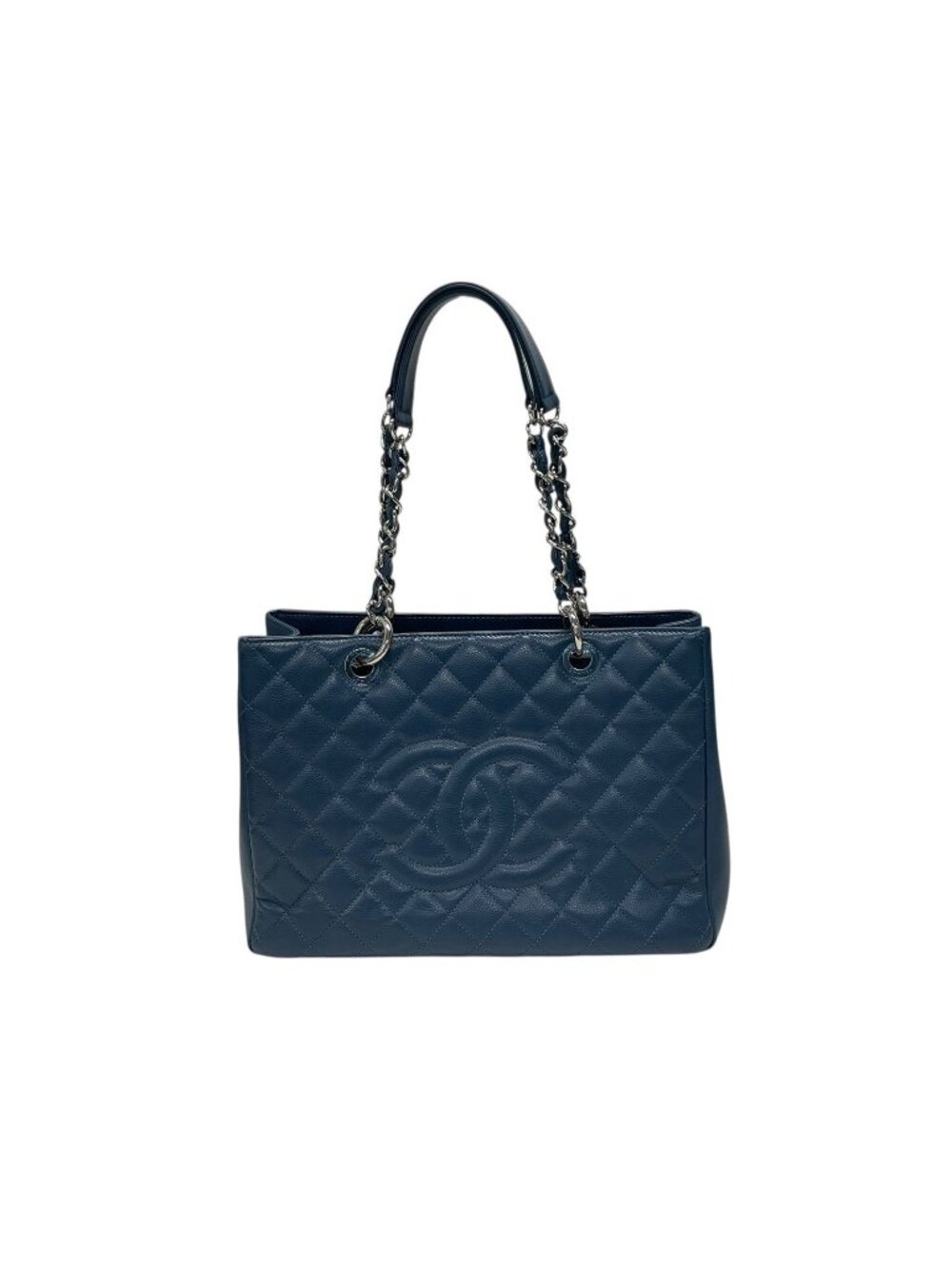 Chanel Grand Shopping Tote Bag GST Chain Caviar Leather CC Logo Navy Silver